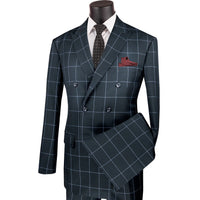 VINCI Men's Black Windowpane Double Breasted Modern Fit Suit – NEW. Features a sharp peak lapel jacket in a sleek modern silhouette with flat-front pants and unfinished hems for custom tailoring. A versatile choice for office or evening wear. Available at Fashion House Inc. (FH Menswear, Style #MDW-1)