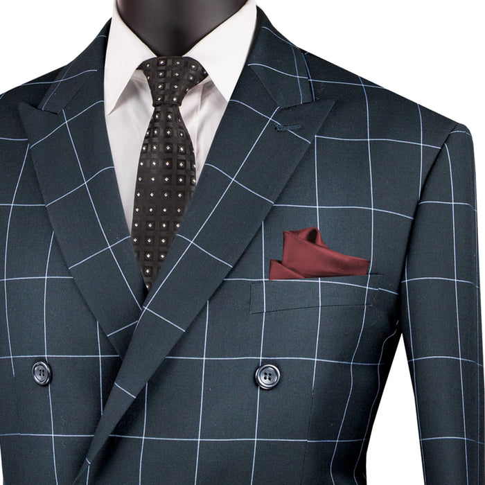 VINCI Men's Black Windowpane Double Breasted Modern Fit Suit – NEW. Features a sharp peak lapel jacket in a sleek modern silhouette with flat-front pants and unfinished hems for custom tailoring. A versatile choice for office or evening wear. Available at Fashion House Inc. (FH Menswear, Style #MDW-1)