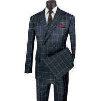 VINCI Men's Black Windowpane Double Breasted Modern Fit Suit – NEW. Features a sharp peak lapel jacket in a sleek modern silhouette with flat-front pants and unfinished hems for custom tailoring. A versatile choice for office or evening wear. Available at Fashion House Inc. (FH Menswear, Style #MDW-1)