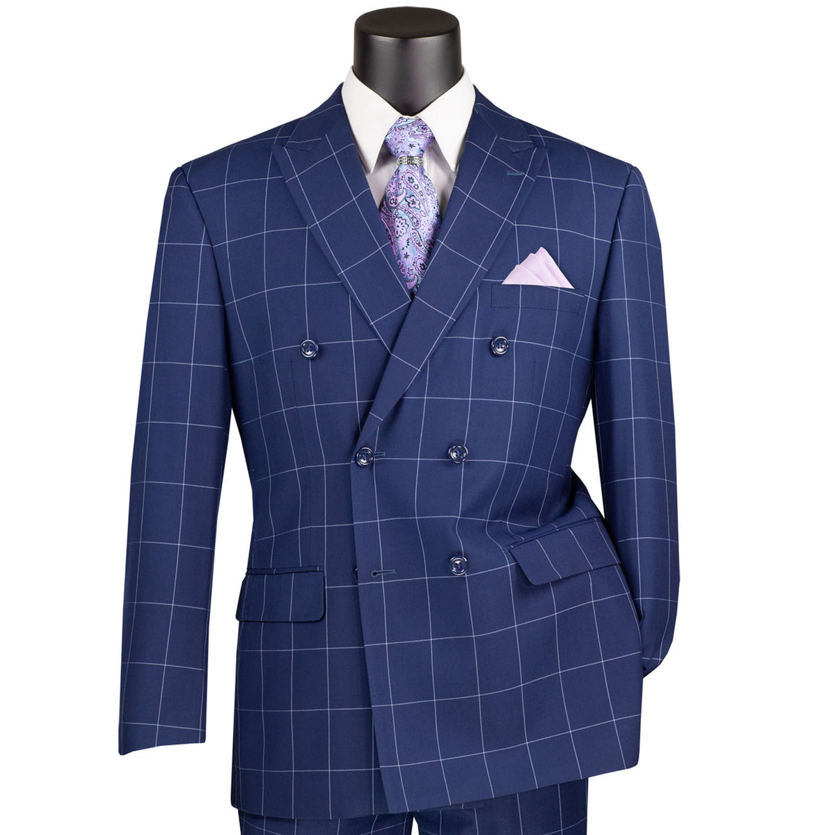 VINCI Men's Blue Windowpane Double Breasted Modern Fit Suit – NEW. Features a sharp peak lapel jacket in a sleek modern silhouette with flat-front pants and unfinished hems for custom tailoring. A versatile choice for office or evening wear. Available at Fashion House Inc. (FH Menswear, Style #MDW-1)