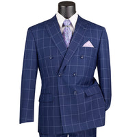VINCI Men's Blue Windowpane Double Breasted Modern Fit Suit – NEW. Features a sharp peak lapel jacket in a sleek modern silhouette with flat-front pants and unfinished hems for custom tailoring. A versatile choice for office or evening wear. Available at Fashion House Inc. (FH Menswear, Style #MDW-1)