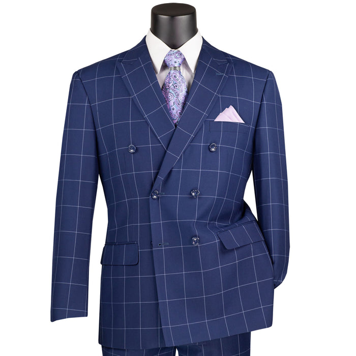 VINCI Men's Blue Windowpane Double Breasted Modern Fit Suit – NEW. Features a sharp peak lapel jacket in a sleek modern silhouette with flat-front pants and unfinished hems for custom tailoring. A versatile choice for office or evening wear. Available at Fashion House Inc. (FH Menswear, Style #MDW-1)
