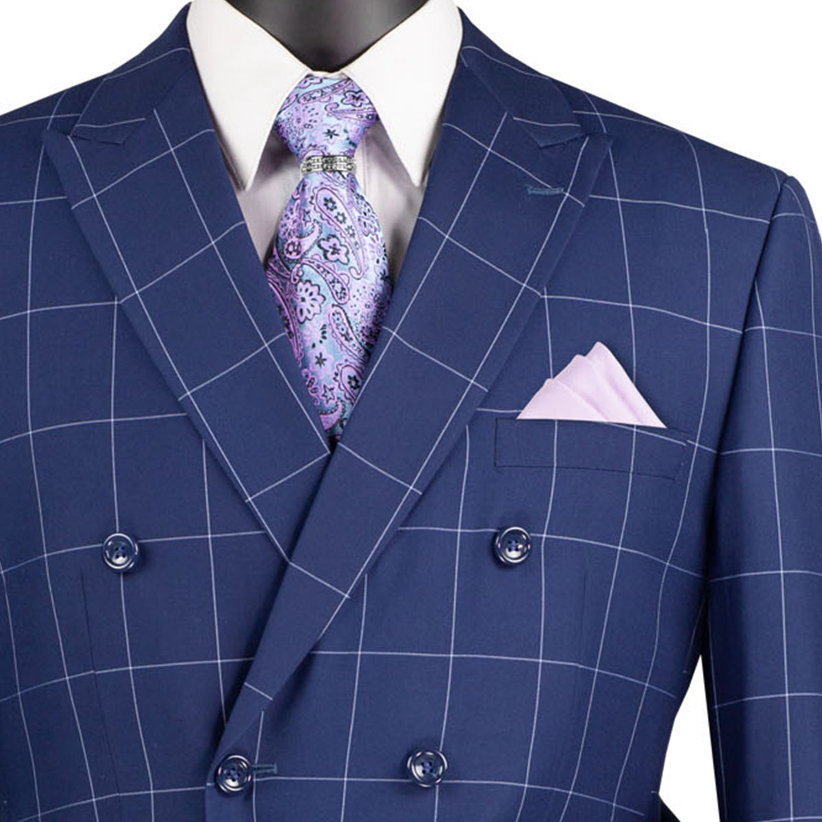 VINCI Men's Blue Windowpane Double Breasted Modern Fit Suit – NEW. Features a sharp peak lapel jacket in a sleek modern silhouette with flat-front pants and unfinished hems for custom tailoring. A versatile choice for office or evening wear. Available at Fashion House Inc. (FH Menswear, Style #MDW-1)