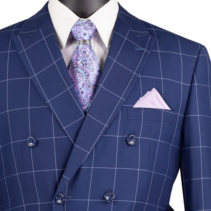VINCI Men's Blue Windowpane Double Breasted Modern Fit Suit – NEW. Features a sharp peak lapel jacket in a sleek modern silhouette with flat-front pants and unfinished hems for custom tailoring. A versatile choice for office or evening wear. Available at Fashion House Inc. (FH Menswear, Style #MDW-1)