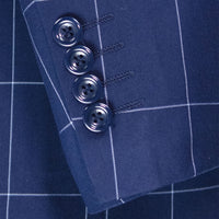 VINCI Men's Blue Windowpane Double Breasted Modern Fit Suit – NEW. Features a sharp peak lapel jacket in a sleek modern silhouette with flat-front pants and unfinished hems for custom tailoring. A versatile choice for office or evening wear. Available at Fashion House Inc. (FH Menswear, Style #MDW-1)