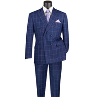 VINCI Men's Blue Windowpane Double Breasted Modern Fit Suit – NEW. Features a sharp peak lapel jacket in a sleek modern silhouette with flat-front pants and unfinished hems for custom tailoring. A versatile choice for office or evening wear. Available at Fashion House Inc. (FH Menswear, Style #MDW-1)