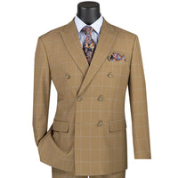 VINCI Men's Camel Beige Windowpane Double Breasted Modern Fit Suit – NEW. Features a sharp peak lapel jacket in a sleek modern silhouette with flat-front pants and unfinished hems for custom tailoring. A versatile choice for office or evening wear. Available at Fashion House Inc. (FH Menswear, Style #MDW-1)