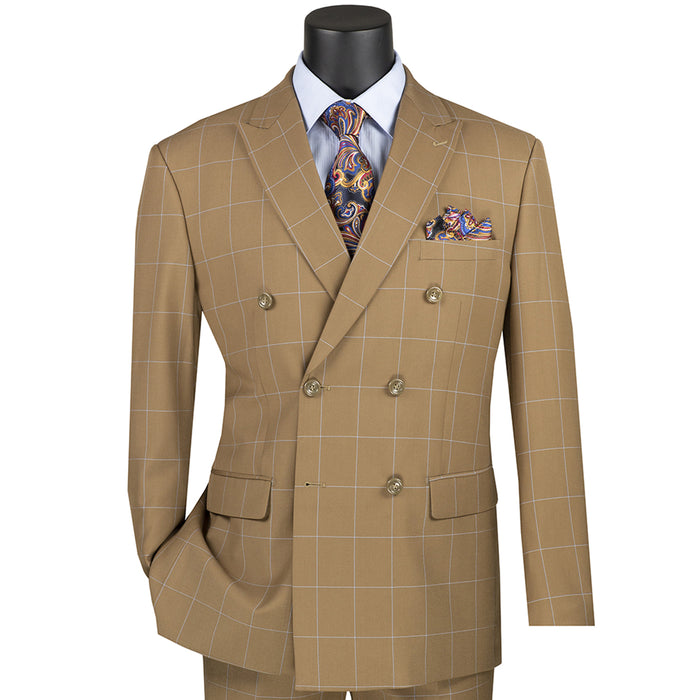 VINCI Men's Camel Beige Windowpane Double Breasted Modern Fit Suit – NEW. Features a sharp peak lapel jacket in a sleek modern silhouette with flat-front pants and unfinished hems for custom tailoring. A versatile choice for office or evening wear. Available at Fashion House Inc. (FH Menswear, Style #MDW-1)