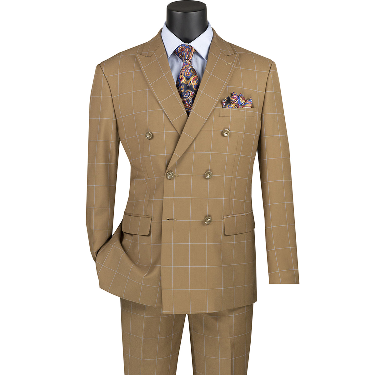 VINCI Men's Camel Beige Windowpane Double Breasted Modern Fit Suit – NEW. Features a sharp peak lapel jacket in a sleek modern silhouette with flat-front pants and unfinished hems for custom tailoring. A versatile choice for office or evening wear. Available at Fashion House Inc. (FH Menswear, Style #MDW-1)
