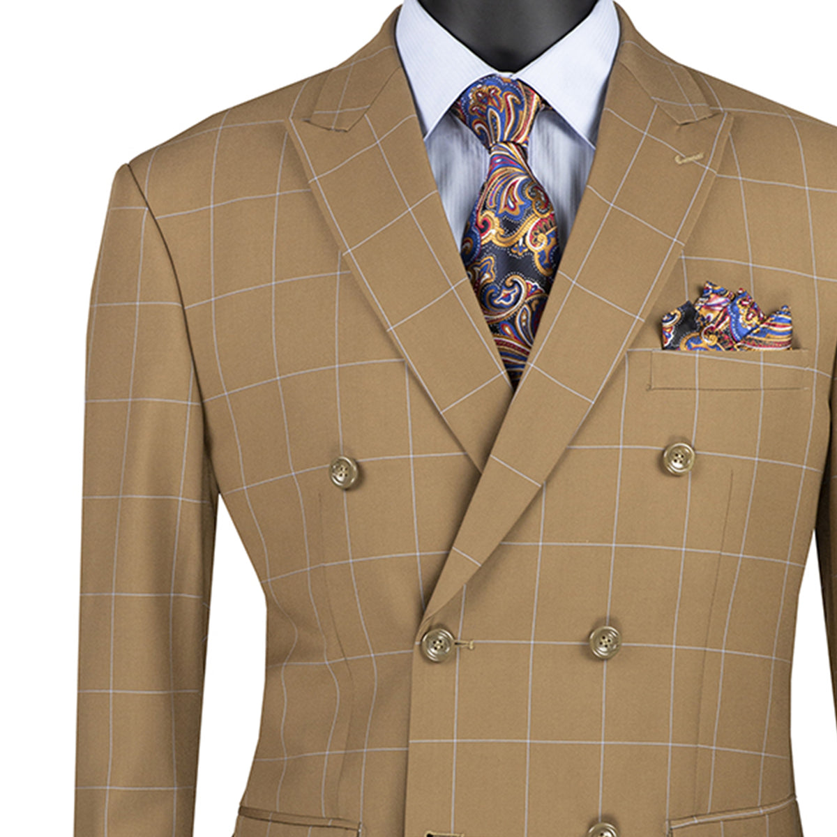 VINCI Men's Camel Beige Windowpane Double Breasted Modern Fit Suit – NEW. Features a sharp peak lapel jacket in a sleek modern silhouette with flat-front pants and unfinished hems for custom tailoring. A versatile choice for office or evening wear. Available at Fashion House Inc. (FH Menswear, Style #MDW-1)