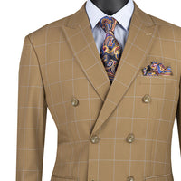 VINCI Men's Camel Beige Windowpane Double Breasted Modern Fit Suit – NEW. Features a sharp peak lapel jacket in a sleek modern silhouette with flat-front pants and unfinished hems for custom tailoring. A versatile choice for office or evening wear. Available at Fashion House Inc. (FH Menswear, Style #MDW-1)
