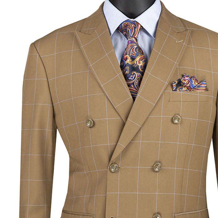 VINCI Men's Camel Beige Windowpane Double Breasted Modern Fit Suit – NEW. Features a sharp peak lapel jacket in a sleek modern silhouette with flat-front pants and unfinished hems for custom tailoring. A versatile choice for office or evening wear. Available at Fashion House Inc. (FH Menswear, Style #MDW-1)