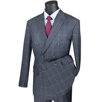 VINCI Men's Medium Gray Windowpane Double Breasted Modern Fit Suit – NEW. Features a sharp peak lapel jacket in a sleek modern silhouette with flat-front pants and unfinished hems for custom tailoring. A versatile choice for office or evening wear. Available at Fashion House Inc. (FH Menswear, Style #MDW-1)