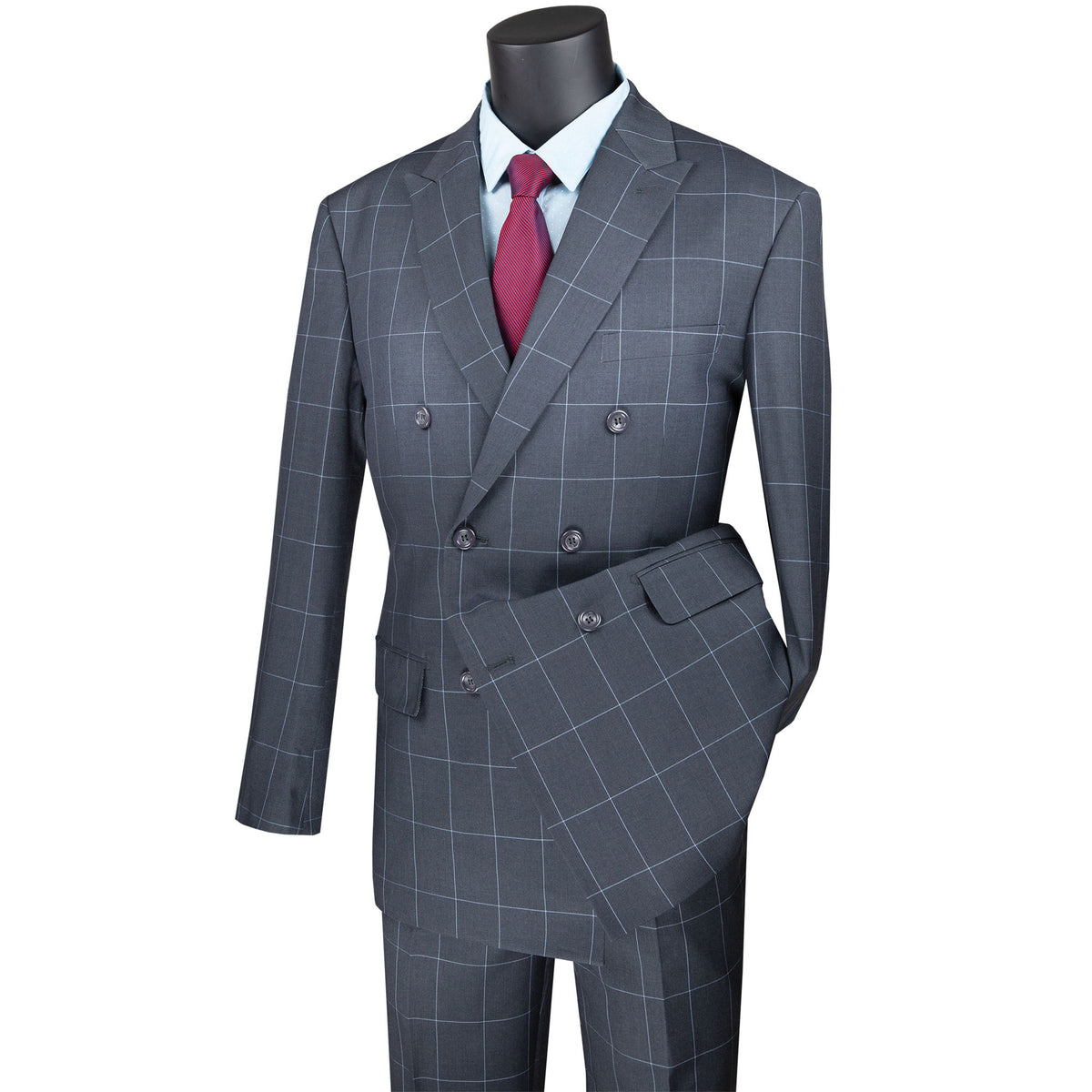 VINCI Men's Medium Gray Windowpane Double Breasted Modern Fit Suit – NEW. Features a sharp peak lapel jacket in a sleek modern silhouette with flat-front pants and unfinished hems for custom tailoring. A versatile choice for office or evening wear. Available at Fashion House Inc. (FH Menswear, Style #MDW-1)