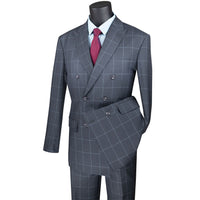 VINCI Men's Medium Gray Windowpane Double Breasted Modern Fit Suit – NEW. Features a sharp peak lapel jacket in a sleek modern silhouette with flat-front pants and unfinished hems for custom tailoring. A versatile choice for office or evening wear. Available at Fashion House Inc. (FH Menswear, Style #MDW-1)