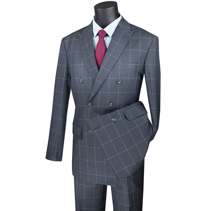 VINCI Men's Medium Gray Windowpane Double Breasted Modern Fit Suit – NEW. Features a sharp peak lapel jacket in a sleek modern silhouette with flat-front pants and unfinished hems for custom tailoring. A versatile choice for office or evening wear. Available at Fashion House Inc. (FH Menswear, Style #MDW-1)