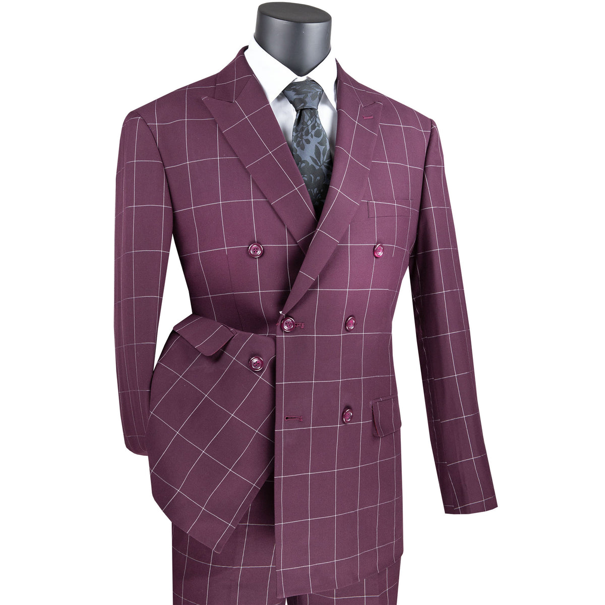 VINCI Men's Burgundy Windowpane Double Breasted Modern Fit Suit – NEW. Features a sharp peak lapel jacket in a sleek modern silhouette with flat-front pants and unfinished hems for custom tailoring. A versatile choice for office or evening wear. Available at Fashion House Inc. (FH Menswear, Style #MDW-1)