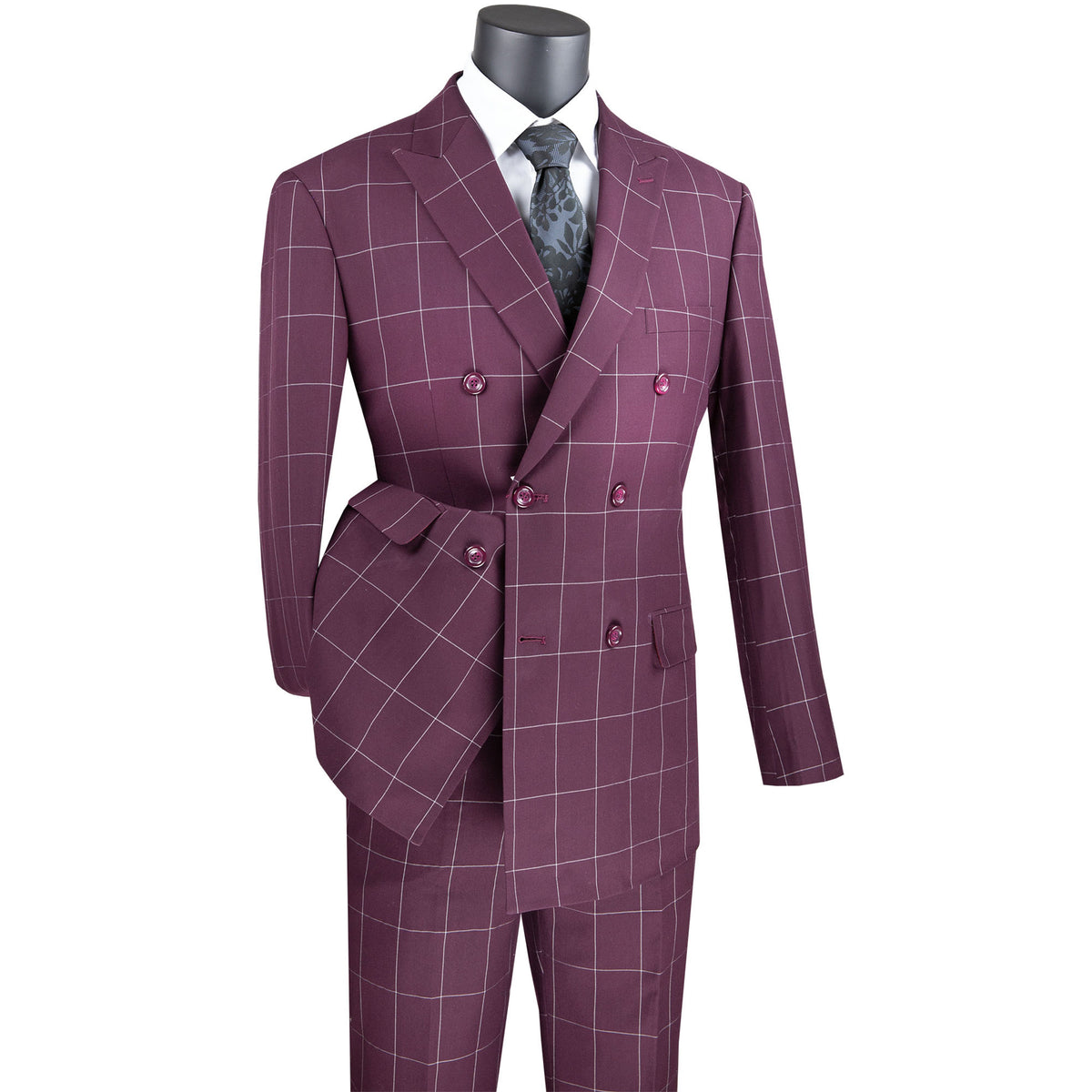 VINCI Men's Burgundy Windowpane Double Breasted Modern Fit Suit – NEW. Features a sharp peak lapel jacket in a sleek modern silhouette with flat-front pants and unfinished hems for custom tailoring. A versatile choice for office or evening wear. Available at Fashion House Inc. (FH Menswear, Style #MDW-1)