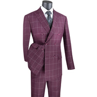 VINCI Men's Burgundy Windowpane Double Breasted Modern Fit Suit – NEW. Features a sharp peak lapel jacket in a sleek modern silhouette with flat-front pants and unfinished hems for custom tailoring. A versatile choice for office or evening wear. Available at Fashion House Inc. (FH Menswear, Style #MDW-1)