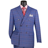 VINCI Men's Blue Glen Plaid Stretch Double-Breasted Modern Fit Suit – NEW. Tailored in a sleek modern silhouette with peak lapel jacket and flat-front pants with unfinished hems for custom tailoring. A refined stretch suit ideal for business or evening wear. Available at Fashion House Inc. (FH Menswear, Style #MDW-2)