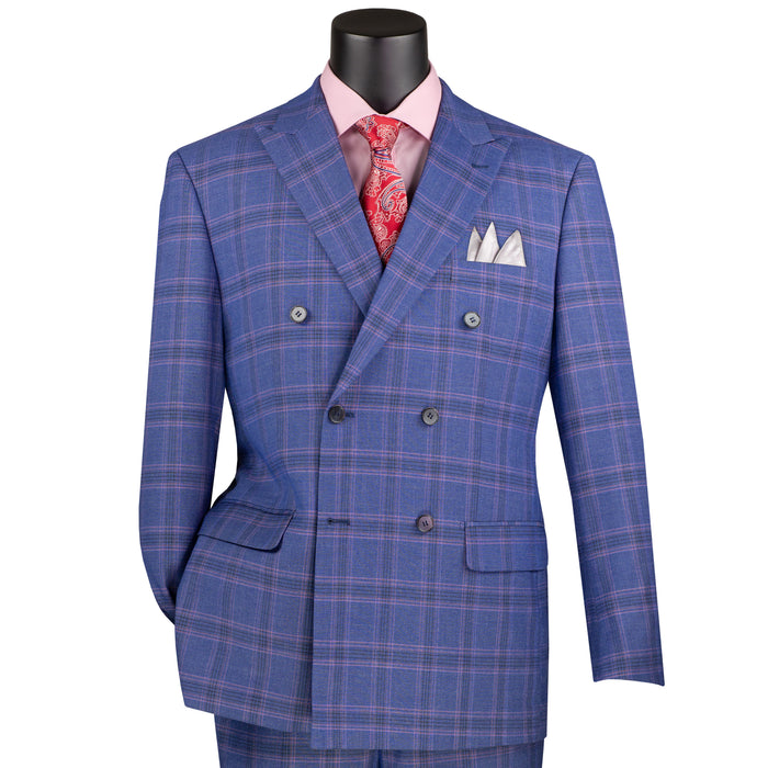 VINCI Men's Blue Glen Plaid Stretch Double-Breasted Modern Fit Suit – NEW. Tailored in a sleek modern silhouette with peak lapel jacket and flat-front pants with unfinished hems for custom tailoring. A refined stretch suit ideal for business or evening wear. Available at Fashion House Inc. (FH Menswear, Style #MDW-2)