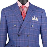 VINCI Men's Blue Glen Plaid Stretch Double-Breasted Modern Fit Suit – NEW. Tailored in a sleek modern silhouette with peak lapel jacket and flat-front pants with unfinished hems for custom tailoring. A refined stretch suit ideal for business or evening wear. Available at Fashion House Inc. (FH Menswear, Style #MDW-2)