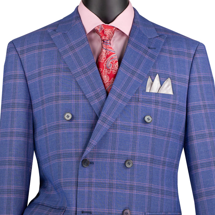 VINCI Men's Blue Glen Plaid Stretch Double-Breasted Modern Fit Suit – NEW. Tailored in a sleek modern silhouette with peak lapel jacket and flat-front pants with unfinished hems for custom tailoring. A refined stretch suit ideal for business or evening wear. Available at Fashion House Inc. (FH Menswear, Style #MDW-2)