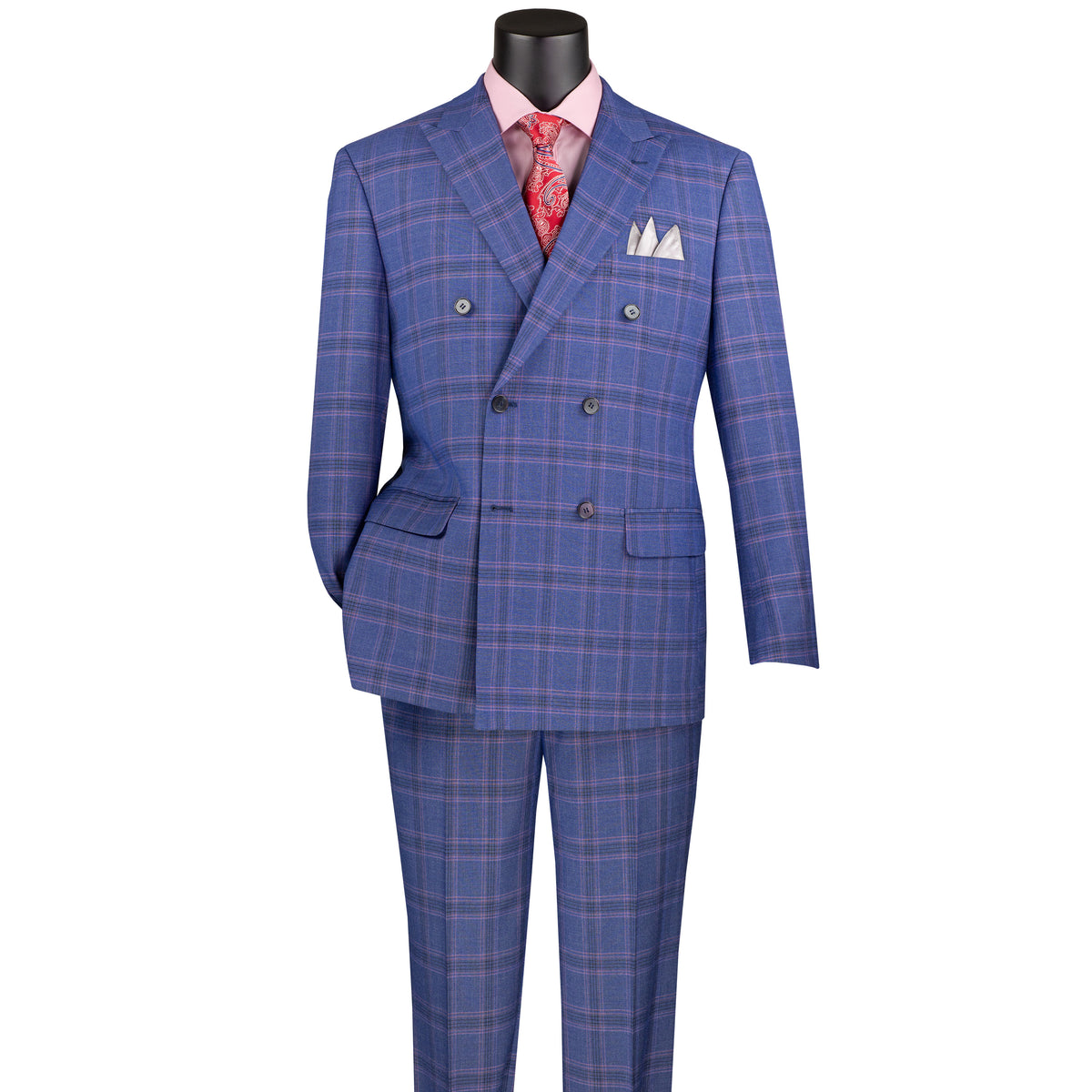VINCI Men's Blue Glen Plaid Stretch Double-Breasted Modern Fit Suit – NEW. Tailored in a sleek modern silhouette with peak lapel jacket and flat-front pants with unfinished hems for custom tailoring. A refined stretch suit ideal for business or evening wear. Available at Fashion House Inc. (FH Menswear, Style #MDW-2)