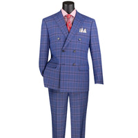 VINCI Men's Blue Glen Plaid Stretch Double-Breasted Modern Fit Suit – NEW. Tailored in a sleek modern silhouette with peak lapel jacket and flat-front pants with unfinished hems for custom tailoring. A refined stretch suit ideal for business or evening wear. Available at Fashion House Inc. (FH Menswear, Style #MDW-2)
