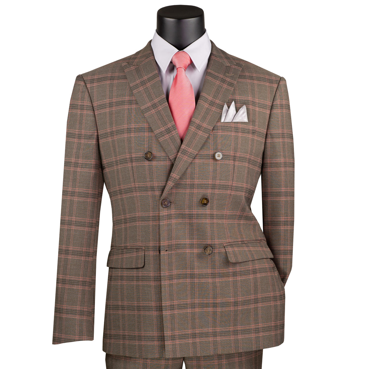 VINCI Men's Brown Glen Plaid Stretch Double-Breasted Modern Fit Suit – NEW. Tailored in a sleek modern silhouette with peak lapel jacket and flat-front pants with unfinished hems for custom tailoring. A refined stretch suit ideal for business or evening wear. Available at Fashion House Inc. (FH Menswear, Style #MDW-2)