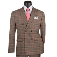 VINCI Men's Brown Glen Plaid Stretch Double-Breasted Modern Fit Suit – NEW. Tailored in a sleek modern silhouette with peak lapel jacket and flat-front pants with unfinished hems for custom tailoring. A refined stretch suit ideal for business or evening wear. Available at Fashion House Inc. (FH Menswear, Style #MDW-2)