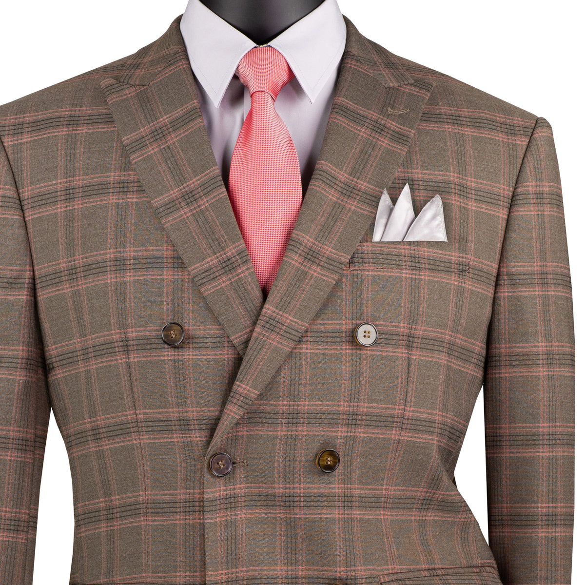 VINCI Men's Brown Glen Plaid Stretch Double-Breasted Modern Fit Suit – NEW. Tailored in a sleek modern silhouette with peak lapel jacket and flat-front pants with unfinished hems for custom tailoring. A refined stretch suit ideal for business or evening wear. Available at Fashion House Inc. (FH Menswear, Style #MDW-2)