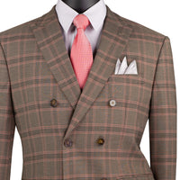 VINCI Men's Brown Glen Plaid Stretch Double-Breasted Modern Fit Suit – NEW. Tailored in a sleek modern silhouette with peak lapel jacket and flat-front pants with unfinished hems for custom tailoring. A refined stretch suit ideal for business or evening wear. Available at Fashion House Inc. (FH Menswear, Style #MDW-2)