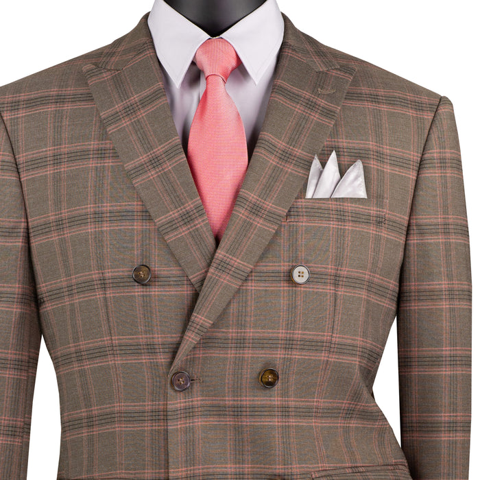 VINCI Men's Brown Glen Plaid Stretch Double-Breasted Modern Fit Suit – NEW. Tailored in a sleek modern silhouette with peak lapel jacket and flat-front pants with unfinished hems for custom tailoring. A refined stretch suit ideal for business or evening wear. Available at Fashion House Inc. (FH Menswear, Style #MDW-2)