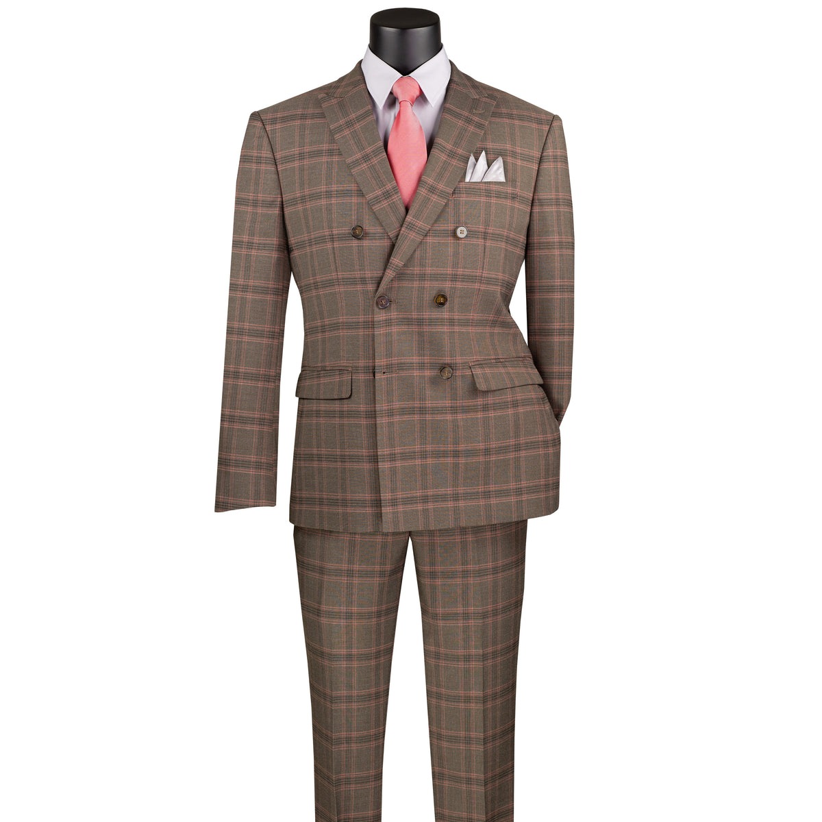 VINCI Men's Brown Glen Plaid Stretch Double-Breasted Modern Fit Suit – NEW. Tailored in a sleek modern silhouette with peak lapel jacket and flat-front pants with unfinished hems for custom tailoring. A refined stretch suit ideal for business or evening wear. Available at Fashion House Inc. (FH Menswear, Style #MDW-2)