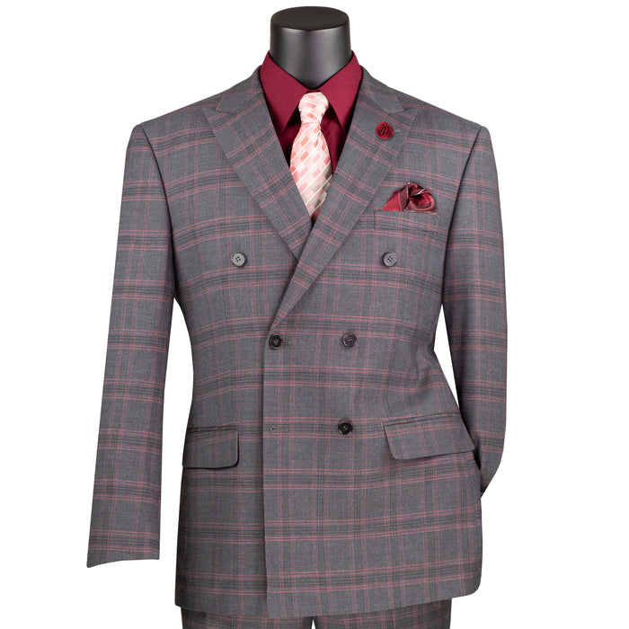 VINCI Men's Charcoal Gray Glen Plaid Stretch Double-Breasted Modern Fit Suit – NEW. Tailored in a sleek modern silhouette with peak lapel jacket and flat-front pants with unfinished hems for custom tailoring. A refined stretch suit ideal for business or evening wear. Available at Fashion House Inc. (FH Menswear, Style #MDW-2)