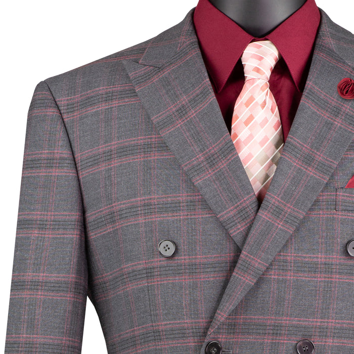 VINCI Men's Charcoal Gray Glen Plaid Stretch Double-Breasted Modern Fit Suit – NEW. Tailored in a sleek modern silhouette with peak lapel jacket and flat-front pants with unfinished hems for custom tailoring. A refined stretch suit ideal for business or evening wear. Available at Fashion House Inc. (FH Menswear, Style #MDW-2)