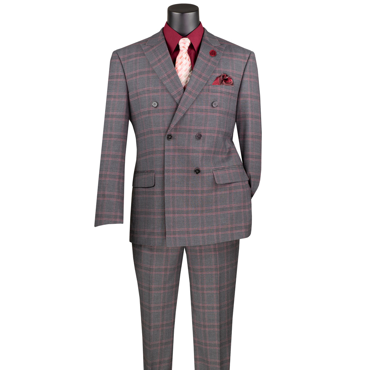 VINCI Men's Charcoal Gray Glen Plaid Stretch Double-Breasted Modern Fit Suit – NEW. Tailored in a sleek modern silhouette with peak lapel jacket and flat-front pants with unfinished hems for custom tailoring. A refined stretch suit ideal for business or evening wear. Available at Fashion House Inc. (FH Menswear, Style #MDW-2)