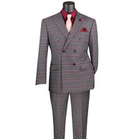 VINCI Men's Charcoal Gray Glen Plaid Stretch Double-Breasted Modern Fit Suit – NEW. Tailored in a sleek modern silhouette with peak lapel jacket and flat-front pants with unfinished hems for custom tailoring. A refined stretch suit ideal for business or evening wear. Available at Fashion House Inc. (FH Menswear, Style #MDW-2)