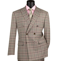 VINCI Men's Light Taupe Glen Plaid Stretch Double-Breasted Modern Fit Suit – NEW. Tailored in a sleek modern silhouette with peak lapel jacket and flat-front pants with unfinished hems for custom tailoring. A refined stretch suit ideal for business or evening wear. Available at Fashion House Inc. (FH Menswear, Style #MDW-2)