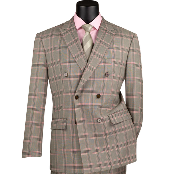 VINCI Men's Light Taupe Glen Plaid Stretch Double-Breasted Modern Fit Suit – NEW. Tailored in a sleek modern silhouette with peak lapel jacket and flat-front pants with unfinished hems for custom tailoring. A refined stretch suit ideal for business or evening wear. Available at Fashion House Inc. (FH Menswear, Style #MDW-2)