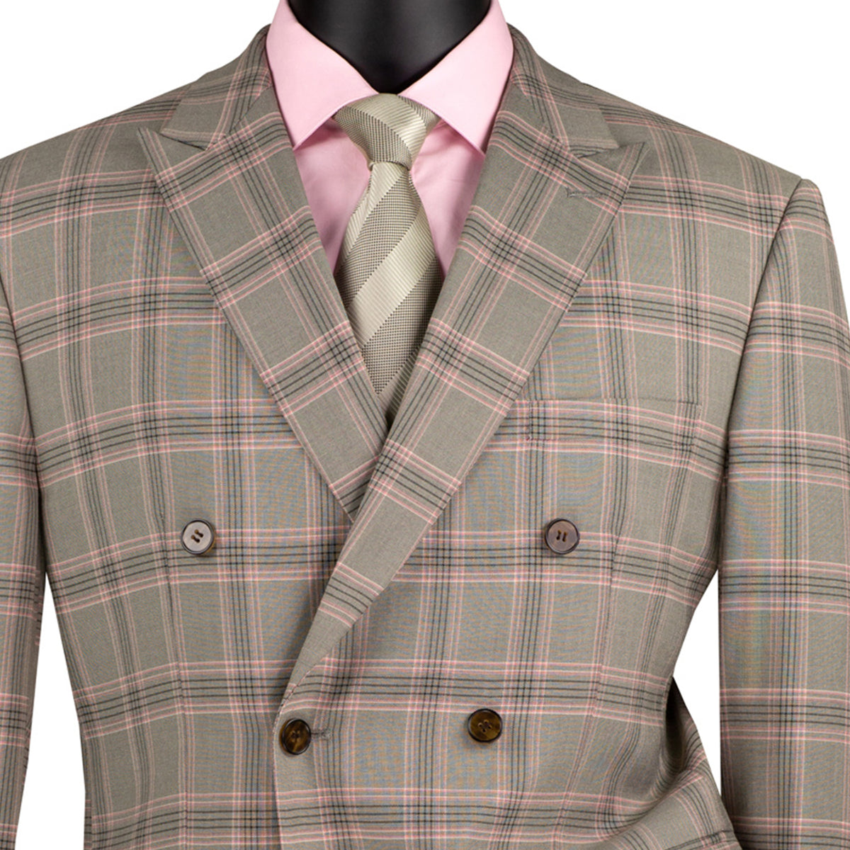 VINCI Men's Light Taupe Glen Plaid Stretch Double-Breasted Modern Fit Suit – NEW. Tailored in a sleek modern silhouette with peak lapel jacket and flat-front pants with unfinished hems for custom tailoring. A refined stretch suit ideal for business or evening wear. Available at Fashion House Inc. (FH Menswear, Style #MDW-2)