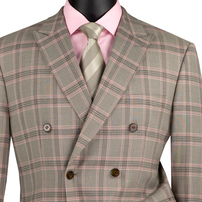 VINCI Men's Light Taupe Glen Plaid Stretch Double-Breasted Modern Fit Suit – NEW. Tailored in a sleek modern silhouette with peak lapel jacket and flat-front pants with unfinished hems for custom tailoring. A refined stretch suit ideal for business or evening wear. Available at Fashion House Inc. (FH Menswear, Style #MDW-2)