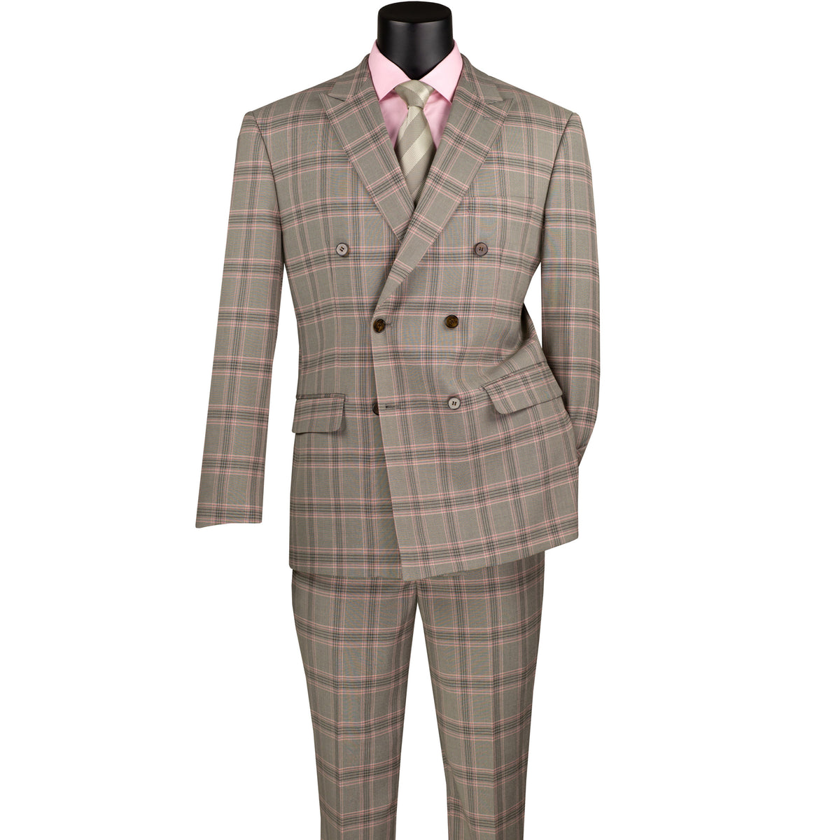 VINCI Men's Light Taupe Glen Plaid Stretch Double-Breasted Modern Fit Suit – NEW. Tailored in a sleek modern silhouette with peak lapel jacket and flat-front pants with unfinished hems for custom tailoring. A refined stretch suit ideal for business or evening wear. Available at Fashion House Inc. (FH Menswear, Style #MDW-2)