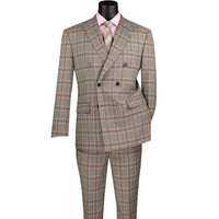 VINCI Men's Light Taupe Glen Plaid Stretch Double-Breasted Modern Fit Suit – NEW. Tailored in a sleek modern silhouette with peak lapel jacket and flat-front pants with unfinished hems for custom tailoring. A refined stretch suit ideal for business or evening wear. Available at Fashion House Inc. (FH Menswear, Style #MDW-2)