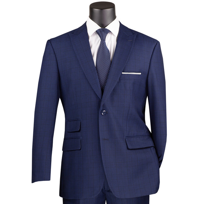 VINCI Men's Blue Glen Plaid 2-Button Modern Fit 2-Piece Business Suit – NEW. Features a bold peak lapel, ticket pocket, and fully lined jacket with flat-front pants and unfinished hems for custom tailoring. A sharp, versatile option for office or social occasions. Available at Fashion House Inc. (FH Menswear, Style #MRW-1)