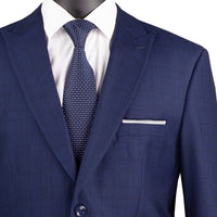 VINCI Men's Blue Glen Plaid 2-Button Modern Fit 2-Piece Business Suit – NEW. Features a bold peak lapel, ticket pocket, and fully lined jacket with flat-front pants and unfinished hems for custom tailoring. A sharp, versatile option for office or social occasions. Available at Fashion House Inc. (FH Menswear, Style #MRW-1)