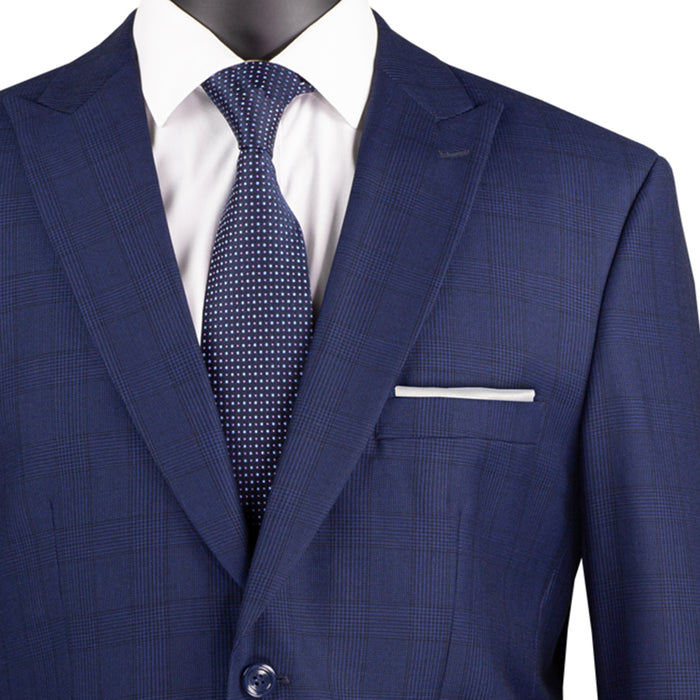 VINCI Men's Blue Glen Plaid 2-Button Modern Fit 2-Piece Business Suit – NEW. Features a bold peak lapel, ticket pocket, and fully lined jacket with flat-front pants and unfinished hems for custom tailoring. A sharp, versatile option for office or social occasions. Available at Fashion House Inc. (FH Menswear, Style #MRW-1)