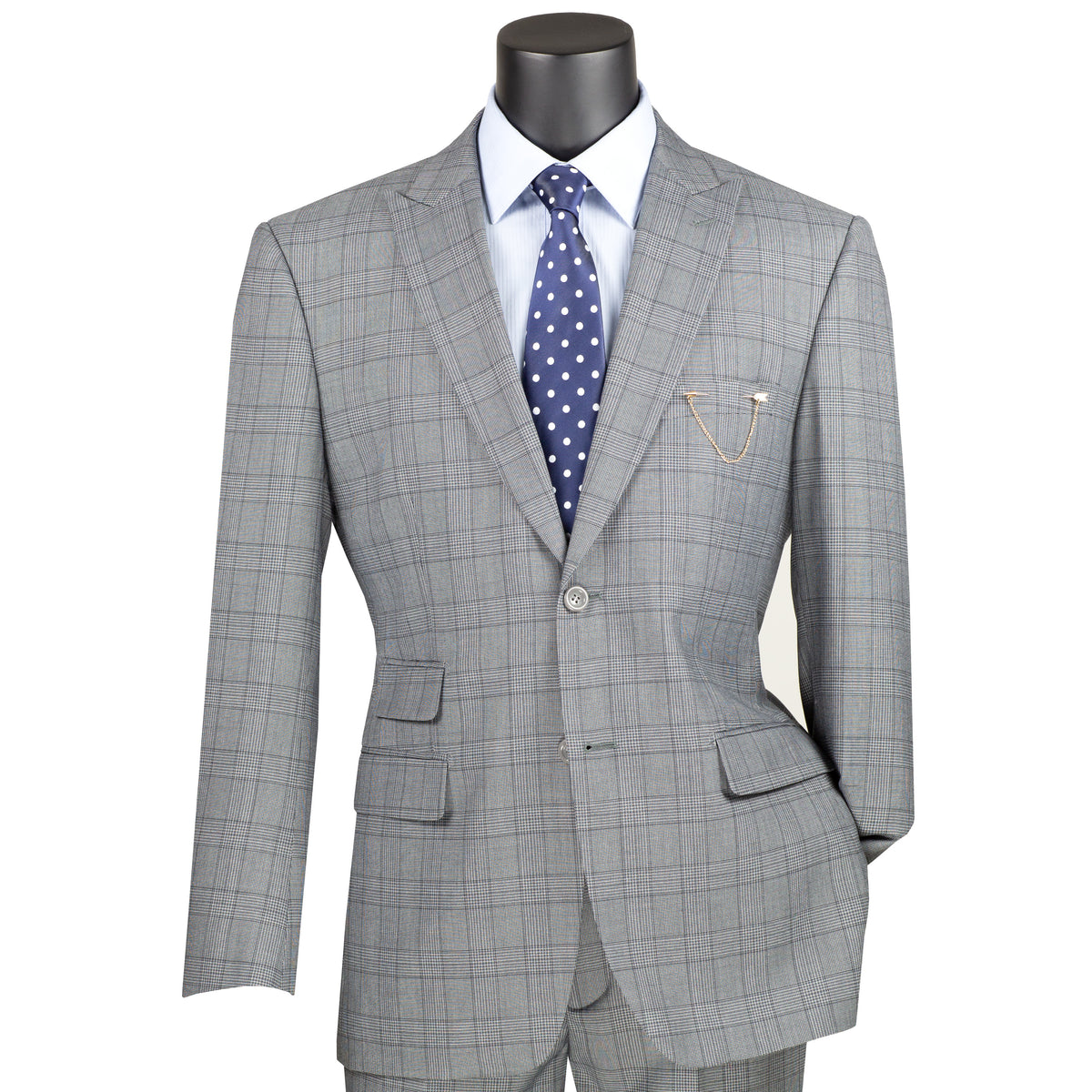 VINCI Men's Medium Gray Glen Plaid 2-Button Modern Fit 2-Piece Business Suit – NEW. Features a bold peak lapel, ticket pocket, and fully lined jacket with flat-front pants and unfinished hems for custom tailoring. A sharp, versatile option for office or social occasions. Available at Fashion House Inc. (FH Menswear, Style #MRW-1)