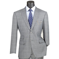 VINCI Men's Medium Gray Glen Plaid 2-Button Modern Fit 2-Piece Business Suit – NEW. Features a bold peak lapel, ticket pocket, and fully lined jacket with flat-front pants and unfinished hems for custom tailoring. A sharp, versatile option for office or social occasions. Available at Fashion House Inc. (FH Menswear, Style #MRW-1)